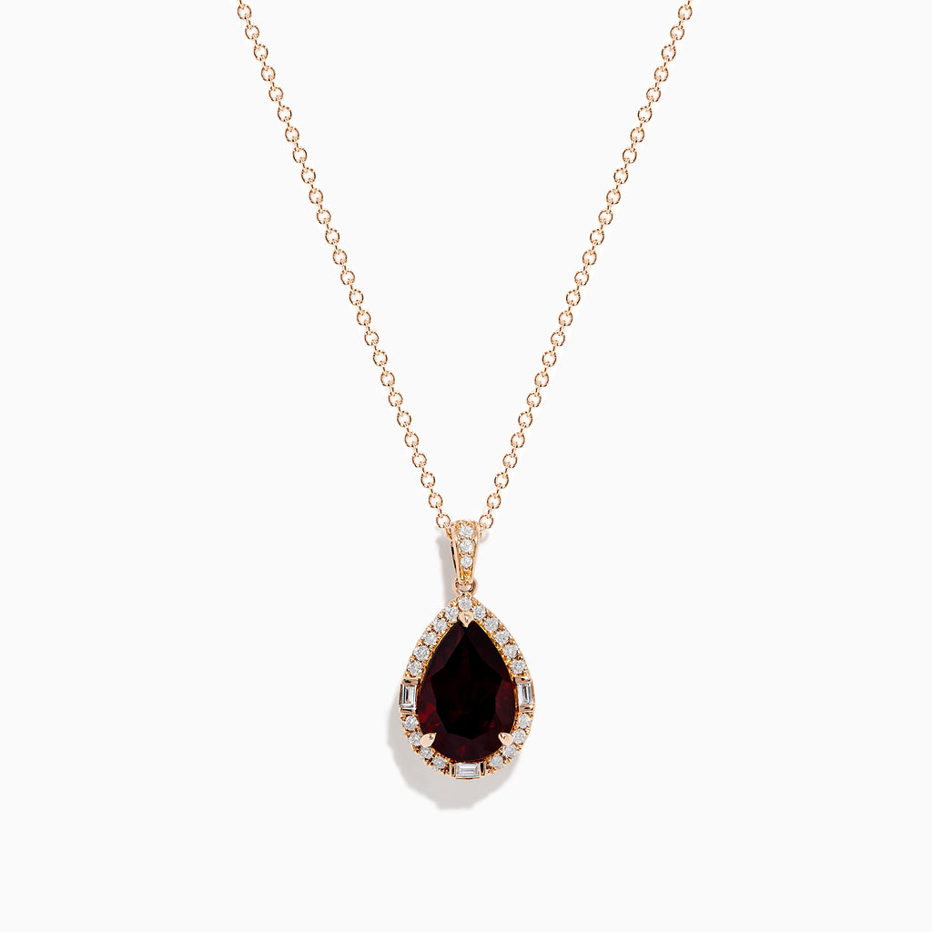 The 14K Rose Gold Garnet and Diamond Pendant features a teardrop-shaped deep red garnet accented by a halo of sparkling diamonds on a delicate rose gold chain.