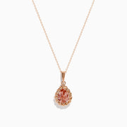 The Blush 14K Rose Gold Morganite Pendant features a teardrop morganite set in intricate rose gold on a delicate chain, shown against a white background.