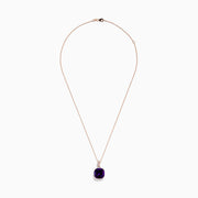 The 14K Rose Gold Amethyst and White Sapphire Pendant features a square-cut deep purple amethyst with three round white sapphires above the main gem, displayed on a white background.