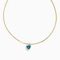 The Ocean Bleu 14K Yellow Gold Collar Necklace features a teardrop London Blue Topaz pendant surrounded by small white stones, beautifully displayed against a white background.