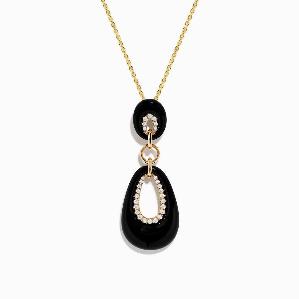 The Eclipse 14K Yellow Gold Onyx and Diamond Pendant features two linked onyx teardrops framed by sparkling diamonds, displayed on a yellow gold chain against a plain white background.