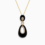 The Eclipse 14K Yellow Gold Onyx and Diamond Pendant features two linked onyx teardrops framed by sparkling diamonds, displayed on a yellow gold chain against a plain white background.