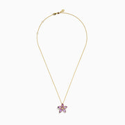 The 14K Yellow Gold Amethyst and Diamond Flower Pendant features five amethyst petals and a sparkling diamond cluster center on a yellow gold chain.