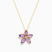 The 14K Yellow Gold Amethyst and Diamond Flower Pendant features five amethyst petals and a sparkling diamond cluster center on a yellow gold chain.