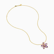 The 14K Yellow Gold Amethyst and Diamond Flower Pendant features five amethyst petals and a sparkling diamond cluster center on a yellow gold chain.