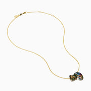 The Safari 14K Yellow Gold Multi Color Gemstone and Black Diamond Chameleon Pendant features a curled tail and intricate details, creating a vibrant, eye-catching statement piece.