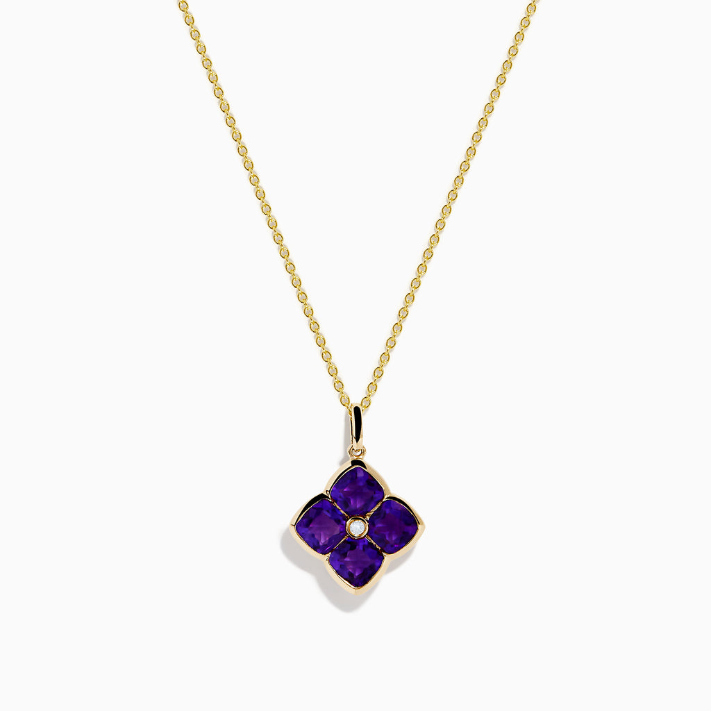 The 14K Yellow Gold Amethyst and Diamond Pendant features a four-petal flower design with deep purple amethysts and a small central diamond on a yellow gold chain.