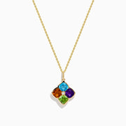 14K yellow gold pendant features four multicolor gemstones—blue, orange, green, and purple—in a clover-style design with diamond accents, set in an elegant gold frame.