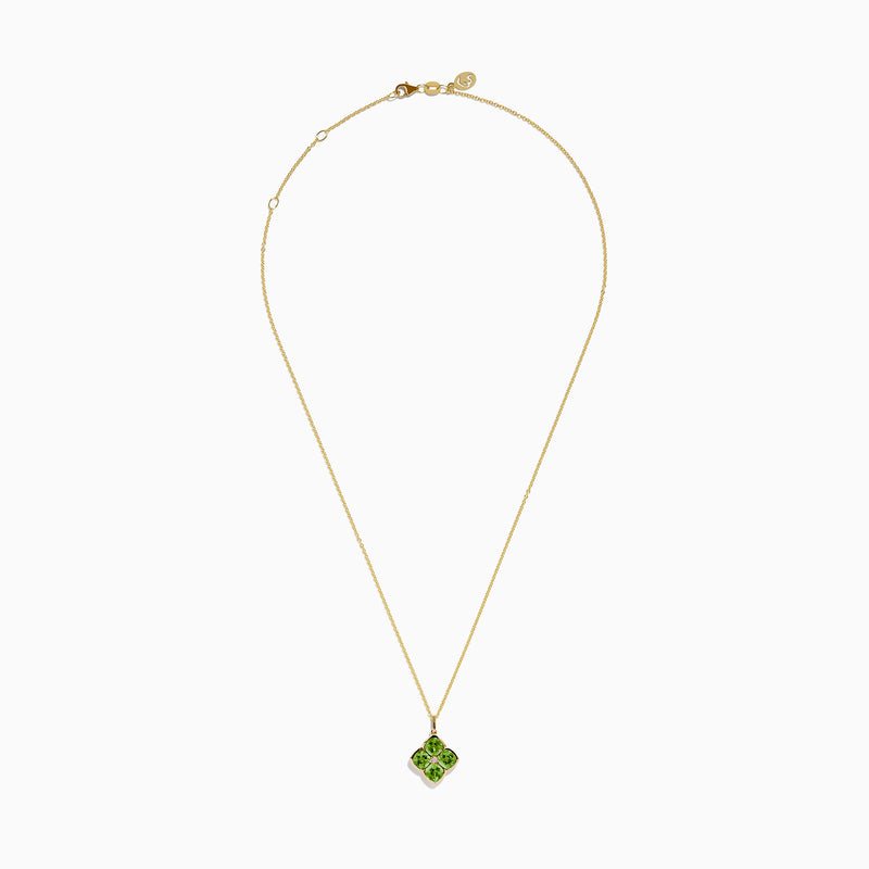 The 14K Yellow Gold Peridot and Diamond Pendant features four peridots in a floral design around a central diamond, presented on a white background.