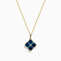 The Ocean Bleu 14K Yellow Gold London Blue Topaz and Diamond Pendant features a clover-shaped design with four London Blue Topaz gemstones and a central diamond on a yellow gold chain necklace.