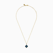 The Ocean Bleu 14K Yellow Gold London Blue Topaz and Diamond Pendant features a clover-shaped design with four London Blue Topaz gemstones and a central diamond on a yellow gold chain necklace.