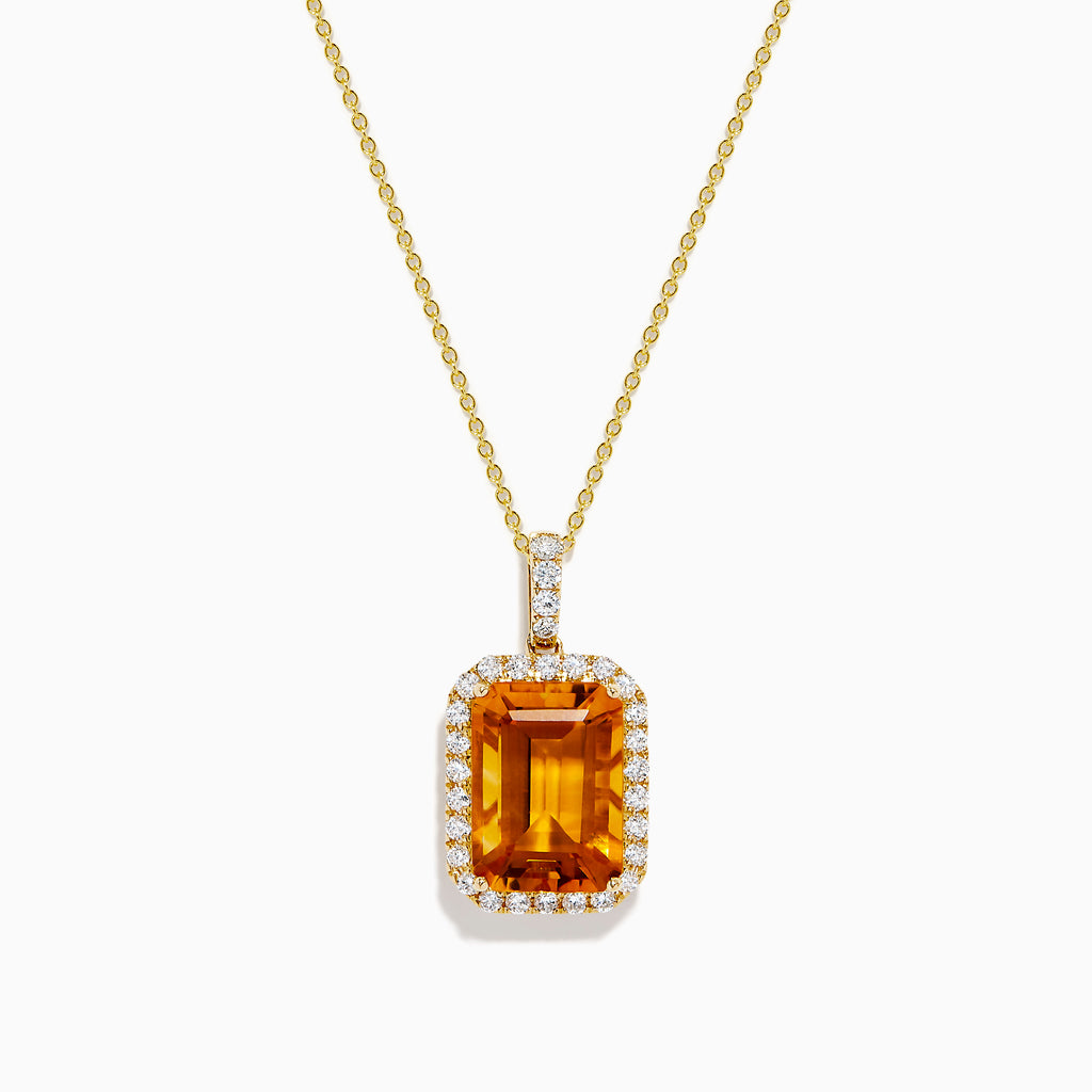 The Sunset 14K Yellow Gold Citrine and Diamond Halo Pendant showcases a rectangular citrine surrounded by sparkling diamonds, set in 14K yellow gold and displayed on a white background.