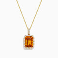 The Sunset 14K Yellow Gold Citrine and Diamond Halo Pendant showcases a rectangular citrine surrounded by sparkling diamonds, set in 14K yellow gold and displayed on a white background.
