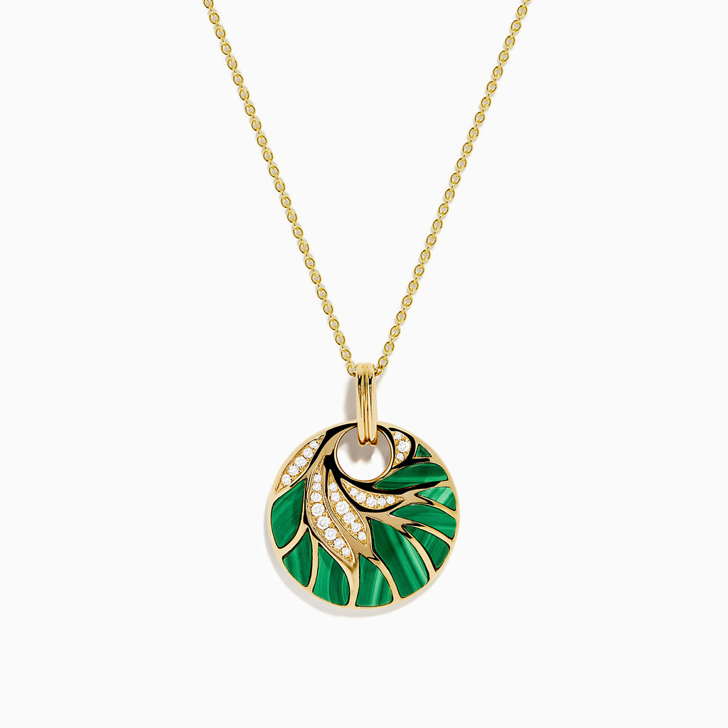 The 14K Yellow Gold Malachite and Diamond Inlay Pendant features a circular malachite centerpiece with gold accents and small diamonds, hanging from a delicate gold chain.