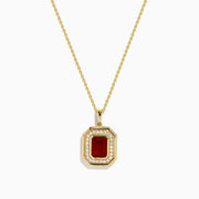 14K Yellow Gold Fire Opal and Diamond Emerald-Cut Halo Pendant