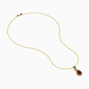 The 14K Yellow Gold Rhodolite and Diamond Pendant features a teardrop-shaped rhodolite, an elegant intertwined design, and is accented by a curved row of small diamonds.