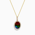 The 14K Yellow Gold Ammolite and Diamond Pendant features an oval red-green ammolite surrounded by clear diamonds on a delicate chain, elegantly displayed against a white background.
