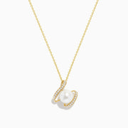The Pearl 14K Yellow Gold Pearl and Diamond Ribbon Necklace features a white pearl encircled by two gold loops set with sparkling diamonds, shown against a plain white background.