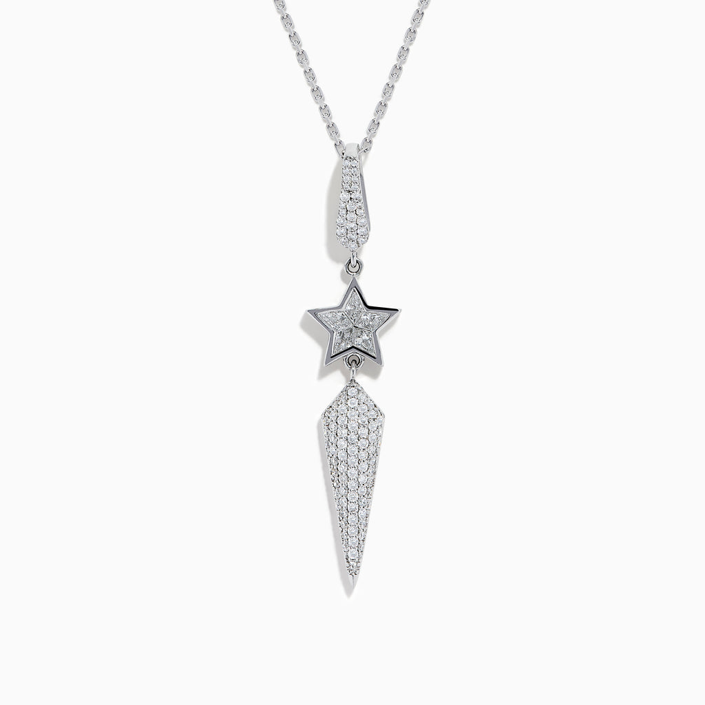 The 18K White Gold Diamond Shooting Star Lariat Pendant features a diamond teardrop, star, and pointed shapes, all set with sparkling diamonds.