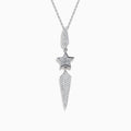 The 18K White Gold Diamond Shooting Star Lariat Pendant features a diamond teardrop, star, and pointed shapes, all set with sparkling diamonds.