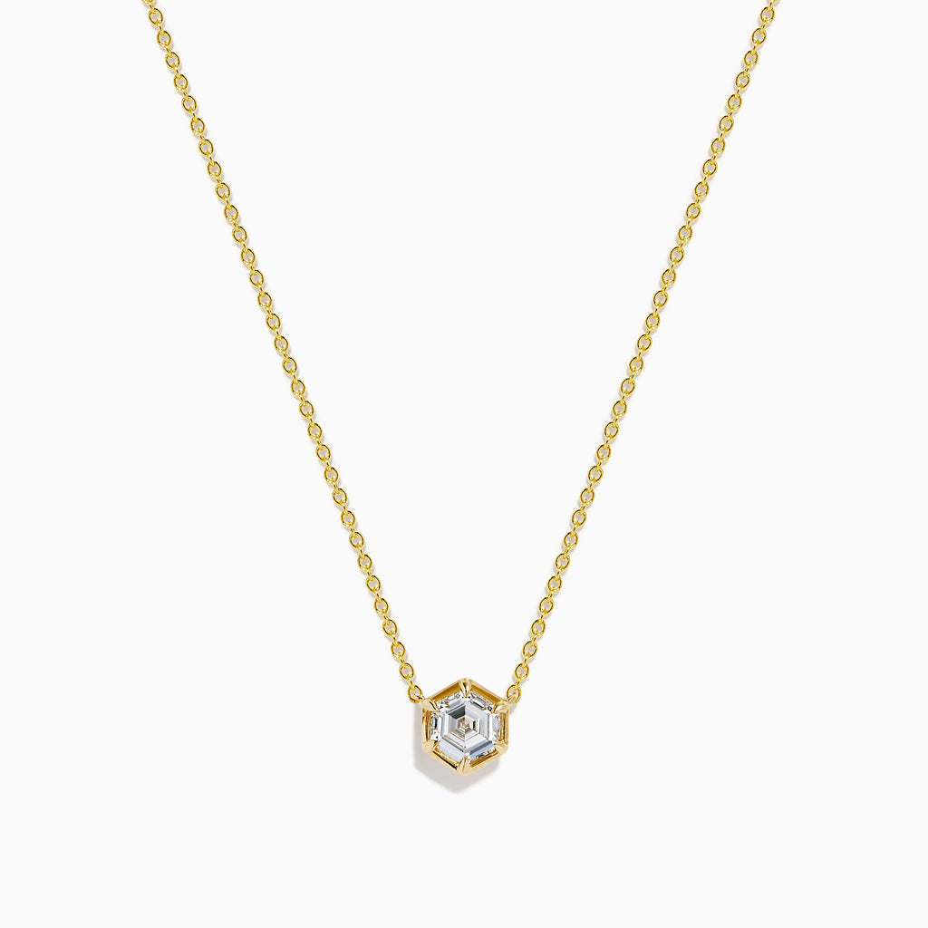 Lab Grown Diamond 1.00ct Hexagon Solitaire Necklace in 14K Yellow Gold—a striking gold chain necklace showcasing a hexagonal pendant with a central lab grown diamond, beautifully displayed on a white background.