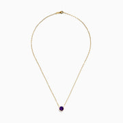 The 14K Yellow Gold Amethyst Bezel Paperclip Chain Pendant features a round, faceted amethyst set in a minimalist bezel on a delicate paperclip chain.
