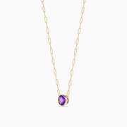 The 14K Yellow Gold Amethyst Bezel Paperclip Chain Pendant features a round, faceted amethyst set in a minimalist bezel on a delicate paperclip chain.