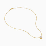 The 14K Yellow Gold Opal Bezel Paperclip Chain Pendant features a single round white opal in a simple, elegant bezel setting on a delicate yellow gold chain.