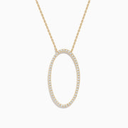 The 14K Yellow Gold Oval Pendant features a large vertical oval outlined with sparkling diamonds on a yellow gold chain, shown against a white background.