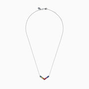 The Watercolors 14K White Gold Multi Sapphire and Diamond Collarbone Necklace features a V-shaped pendant with square, multicolored sapphires in a rainbow pattern, bordered by sparkling diamonds.
