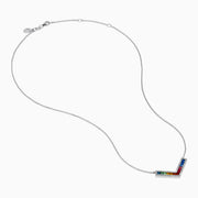 The Watercolors 14K White Gold Multi Sapphire and Diamond Collarbone Necklace features a V-shaped pendant with square, multicolored sapphires in a rainbow pattern, bordered by sparkling diamonds.