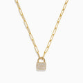 The DOro 14K Yellow Gold Diamond Lock Pendant (0.26 TCW) features a small diamond-encrusted padlock on an elongated link chain, beautifully showcased against a white background.