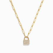The DOro 14K Yellow Gold Diamond Lock Pendant (0.26 TCW) features a small diamond-encrusted padlock on an elongated link chain, beautifully showcased against a white background.