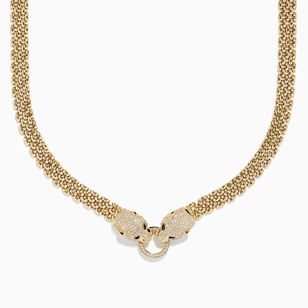 The Signature 14K Yellow Gold Sapphire and Diamond Panther Necklace features two diamond-encrusted panther heads with sapphire blue eyes, each holding a diamond-studded ring in their mouths.