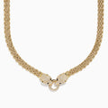 The Signature 14K Yellow Gold Sapphire and Diamond Panther Necklace features two diamond-encrusted panther heads with sapphire blue eyes, each holding a diamond-studded ring in their mouths.