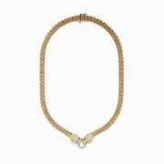 The Signature 14K Yellow Gold Sapphire and Diamond Panther Necklace features two detailed panther head clasps with sapphire and diamond accents, facing each other and holding a circular ring, set against a plain white background.