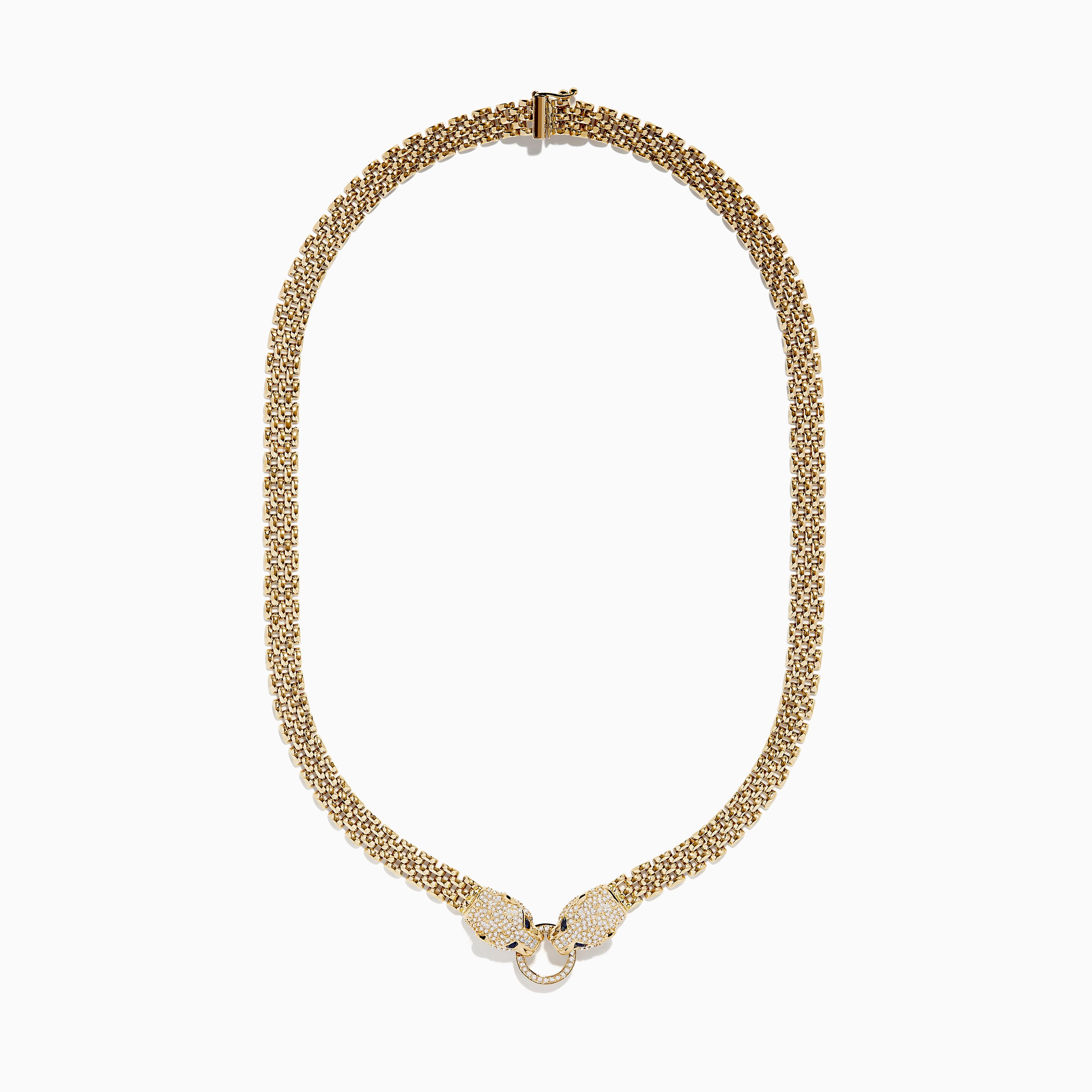 The Signature 14K Yellow Gold Sapphire and Diamond Panther Necklace features two detailed panther head clasps with sapphire and diamond accents, facing each other and holding a circular ring, set against a plain white background.
