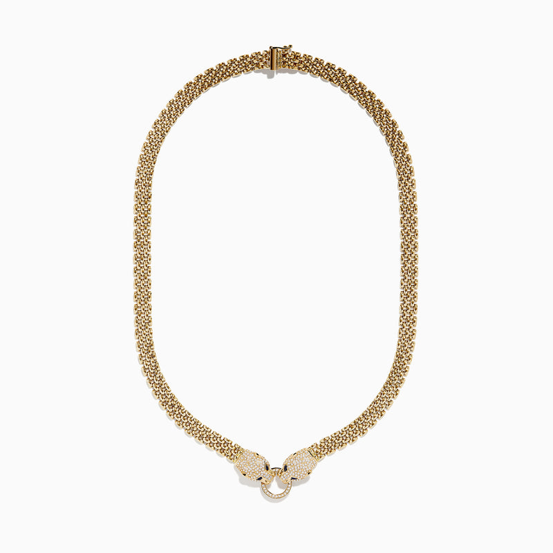 The Signature 14K Yellow Gold Sapphire and Diamond Panther Necklace features two detailed panther head clasps with sapphire and diamond accents, facing each other and holding a circular ring, set against a plain white background.