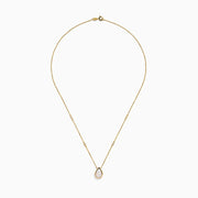 The Aurora 14K Yellow Gold Opal and Diamond Necklace showcases a teardrop opal pendant accented by two round diamonds, offering an elegant look with subtle diamond details.