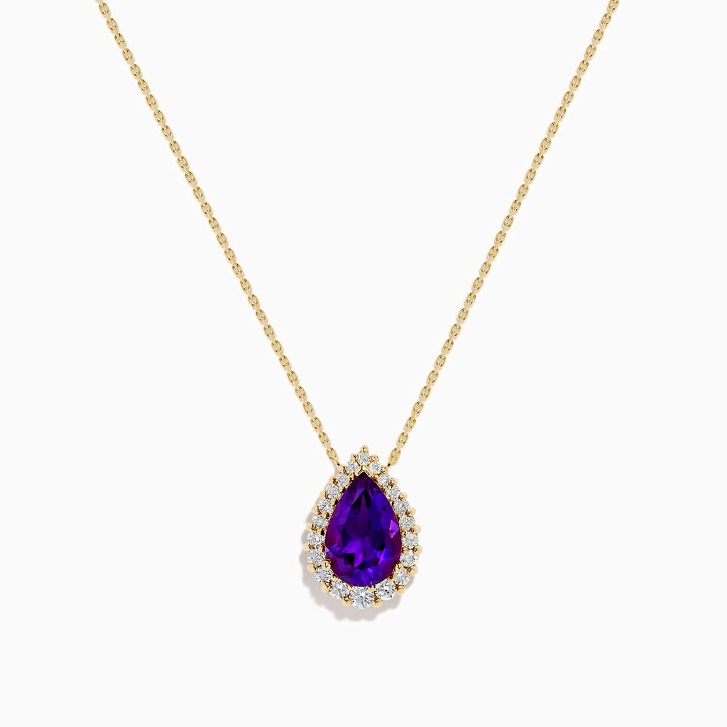 A 14K Yellow Gold Amethyst and Diamond Pear Pendant is shown against a white background, featuring a pear-shaped amethyst bordered by small round diamonds on a yellow gold chain.