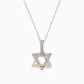 The Novelty 14K Two-Tone Gold Diamond Star of David Pendant, adorned with silver and gold stones, hangs from a delicate chain against a plain white background.