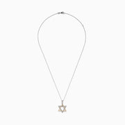 The Novelty 14K Two-Tone Gold Diamond Star of David Pendant, adorned with silver and gold stones, hangs from a delicate chain against a plain white background.