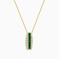 The 14K Yellow Gold Emerald and Diamond Pendant features a vertical row of emeralds flanked by diamonds, hanging from a delicate gold chain against a white background.