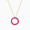 The Ruby Royale 14K Yellow Gold Marquise Cut Ruby Circle Pendant features a circular design with marquise-cut rubies in a wreath-like arrangement.