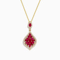 The Ruby Royale 14K Yellow Gold Ruby and Diamond Pendant features a teardrop ruby in a floral red gemstone pattern, accented with diamonds and an additional matching ruby above the main pendant.