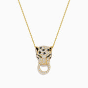 The Signature 14K Yellow Gold Diamond and Emerald Panther Pendant features a panther adorned with diamonds and emeralds, its mouth gripping a diamond-studded circular ring, suspended from a yellow gold chain necklace.