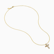 The 14K Yellow Gold Diamond Cross Pendant features small round diamonds on a yellow gold chain, showcased against a plain white background.