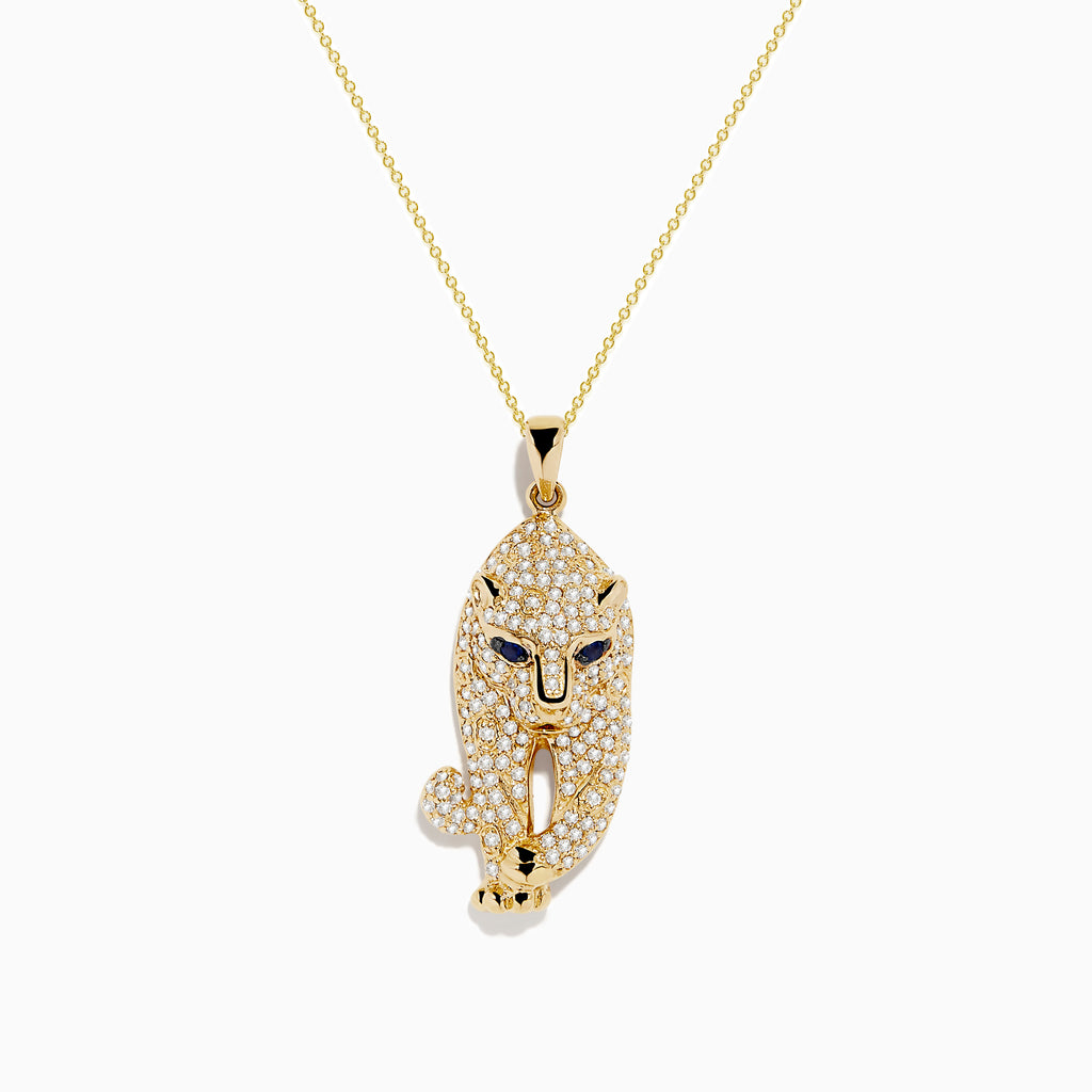 The Signature 14K Yellow Gold Sapphire and Diamond Panther Necklace features a panther-shaped pendant with sparkling diamond accents and vivid sapphire-blue eyes, all on a delicate gold chain, shown against a white background.