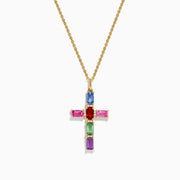 The Watercolors 14K Yellow Gold Multi Color Sapphire and Diamond Cross Pendant features a gold chain and a diamond cross adorned with vibrant sapphires in red, blue, green, pink, and purple accents.