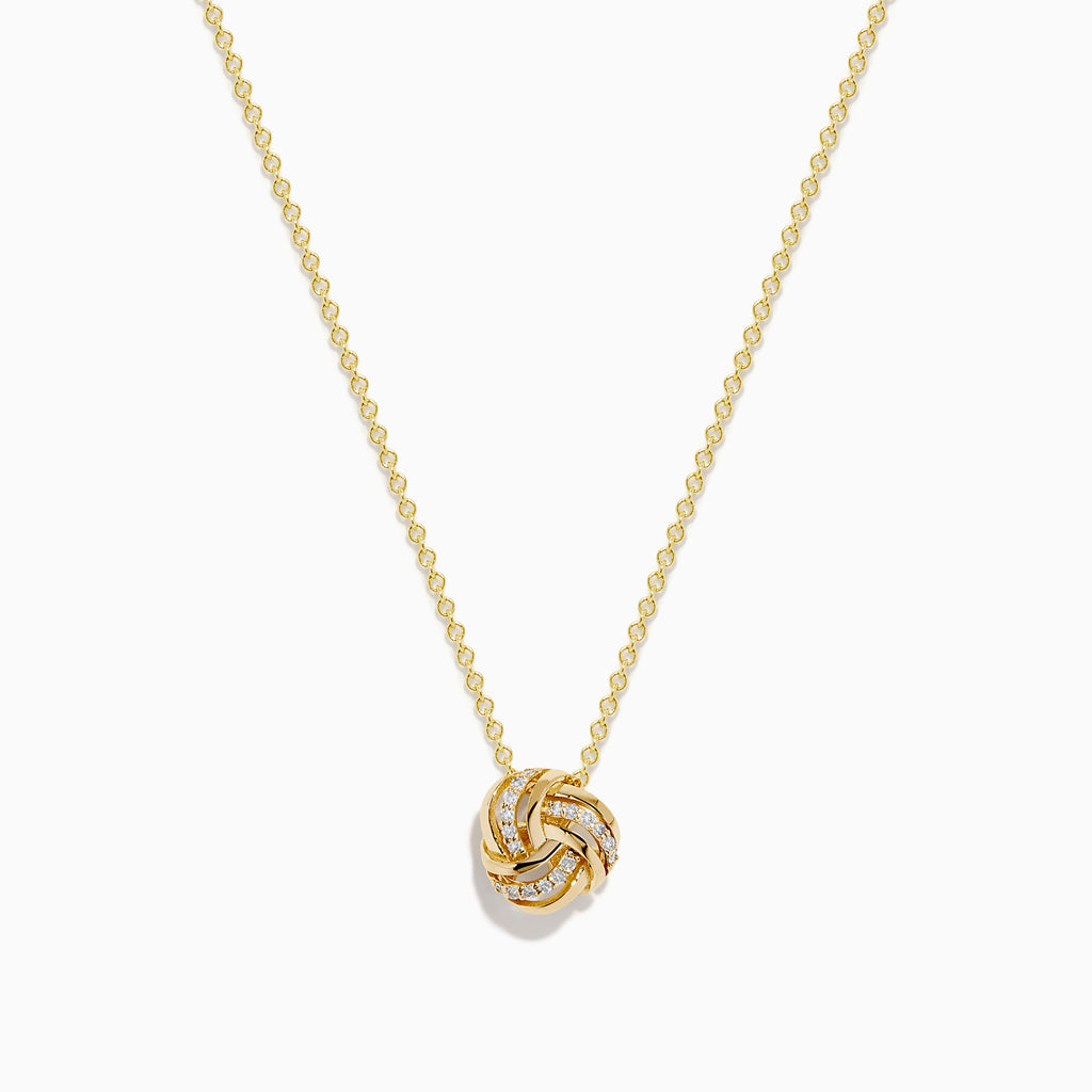 The 14K Yellow Gold Diamond Love Knot Pendant features intertwined loops with small, sparkling diamonds, creating an elegant look. Shown against a white background on a gold chain necklace.